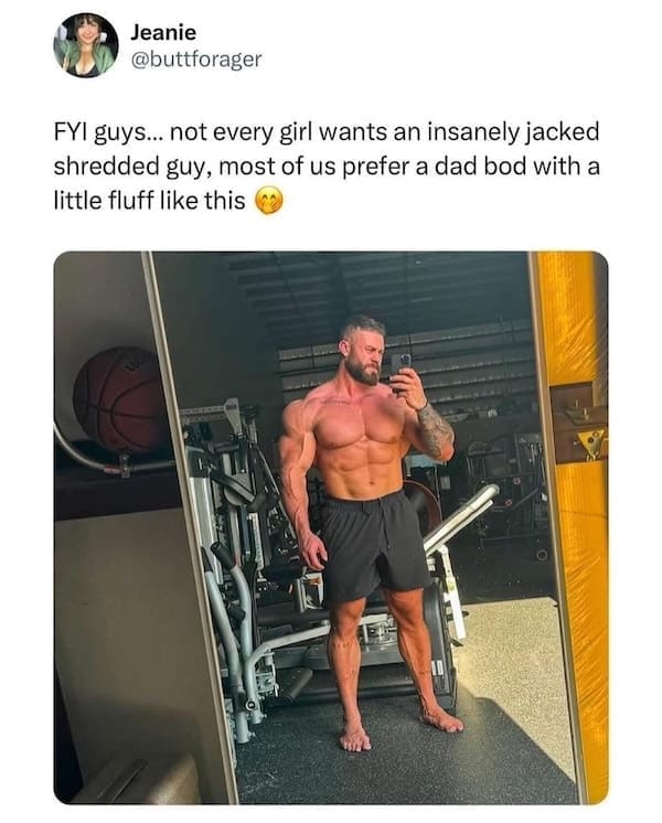 Tweet about dad bods with photo of insanely shredded man in gym mirror