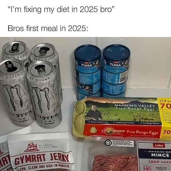 Meal prep with Monster energy, eggs, tuna, and jerky for 2025 gym diet