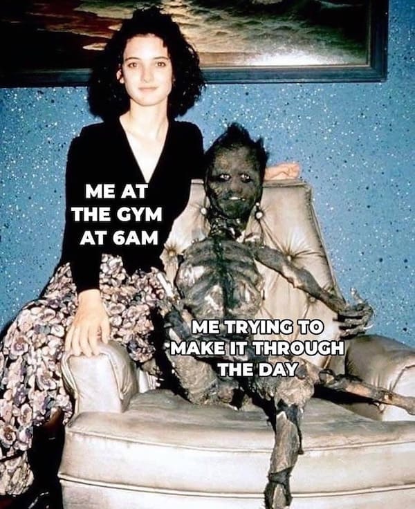 Woman and skeletal figure captioned as gym-goer and post-workout zombie