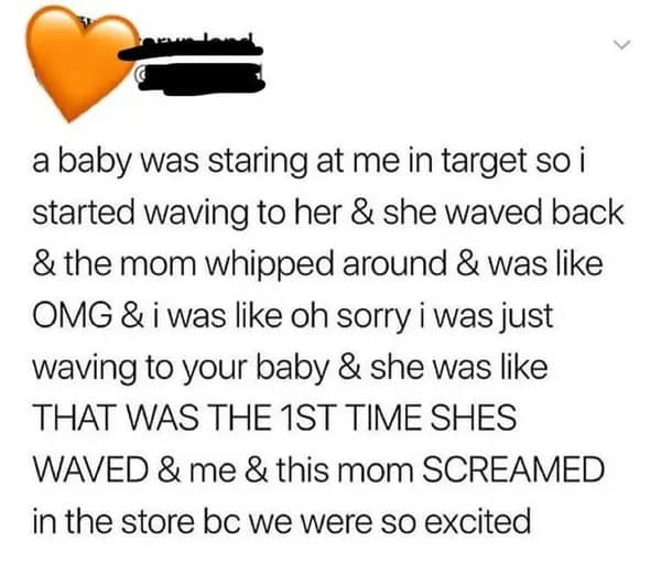 Baby waves for the first time at a stranger in Target