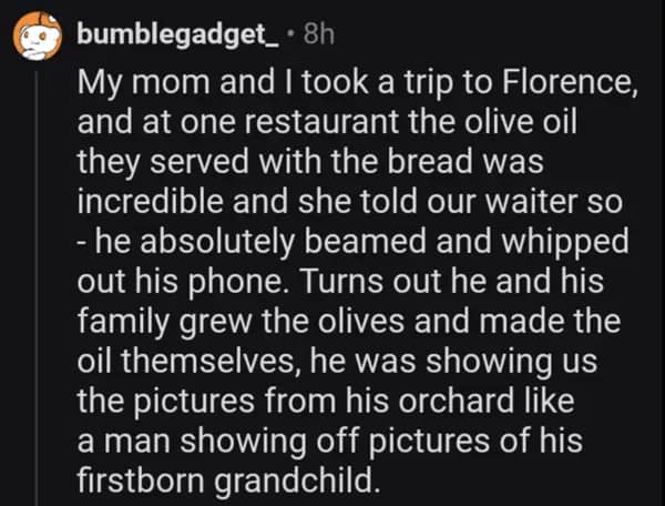 Waiter beams as customer praises his family’s olive oil