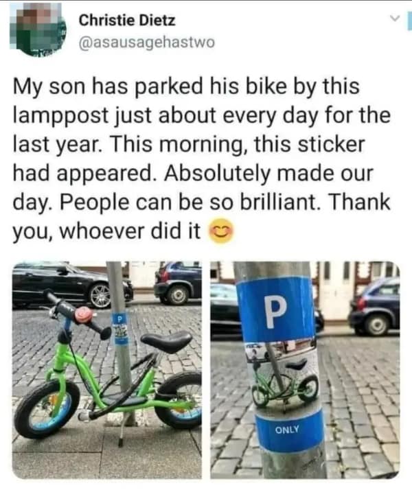 Personalized sticker placed to reserve bike parking for child