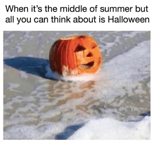Pumpkin in ocean meme about thinking of Halloween in summer