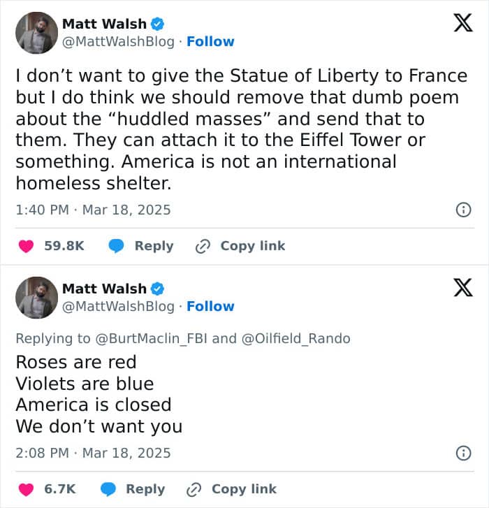 don't want to give the Statue of Liberty to France but I do think we should remove that dumb poem about the "huddled masses" and send that to them. They can attach it to the Eiffel Tower or something. America is not an international homeless shelter.