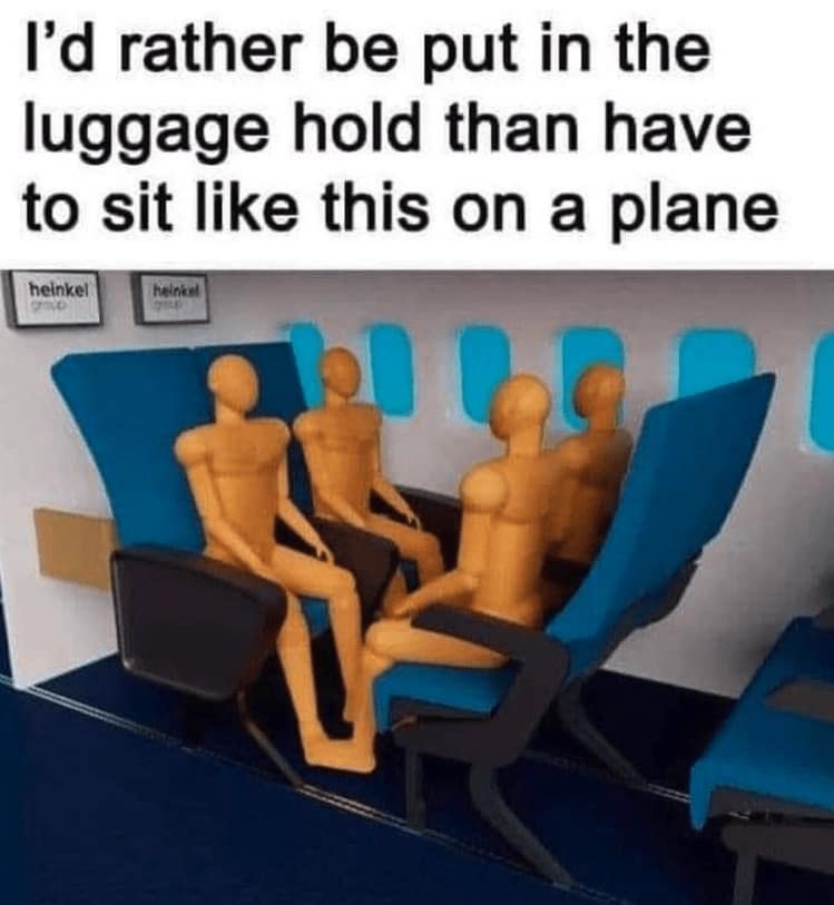 Uncomfortable airplane seating concept with facing passengers