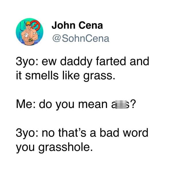 3уо: ew daddy farted and it smells like grass. Me: do you mean als? 3yo: no that's a bad word you grasshole.