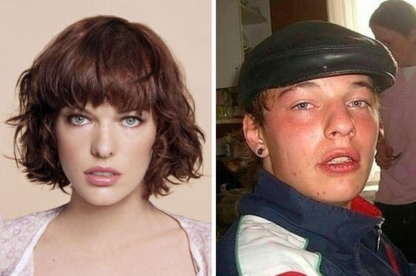 Side-by-side comparison of a woman with short brown hair and a young man with a cap, implying they look alike.
