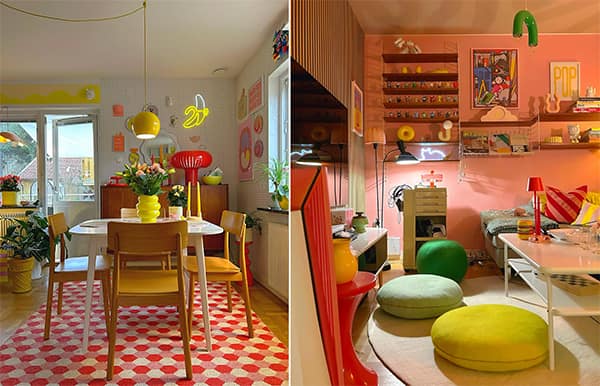 Colorful mid-century dining room with retro decor and yellow accents
