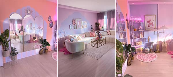 Soft pastel living room with scalloped walls and pink neon decor