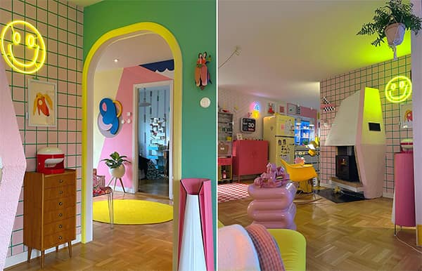 Whimsical neon-lit living space with grid wallpaper and pastel arches