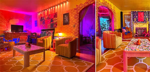 Maximalist golden-orange lounge with honeycomb walls and dramatic lighting