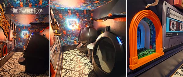 Themed litter box room with gothic wallpaper and space-age design