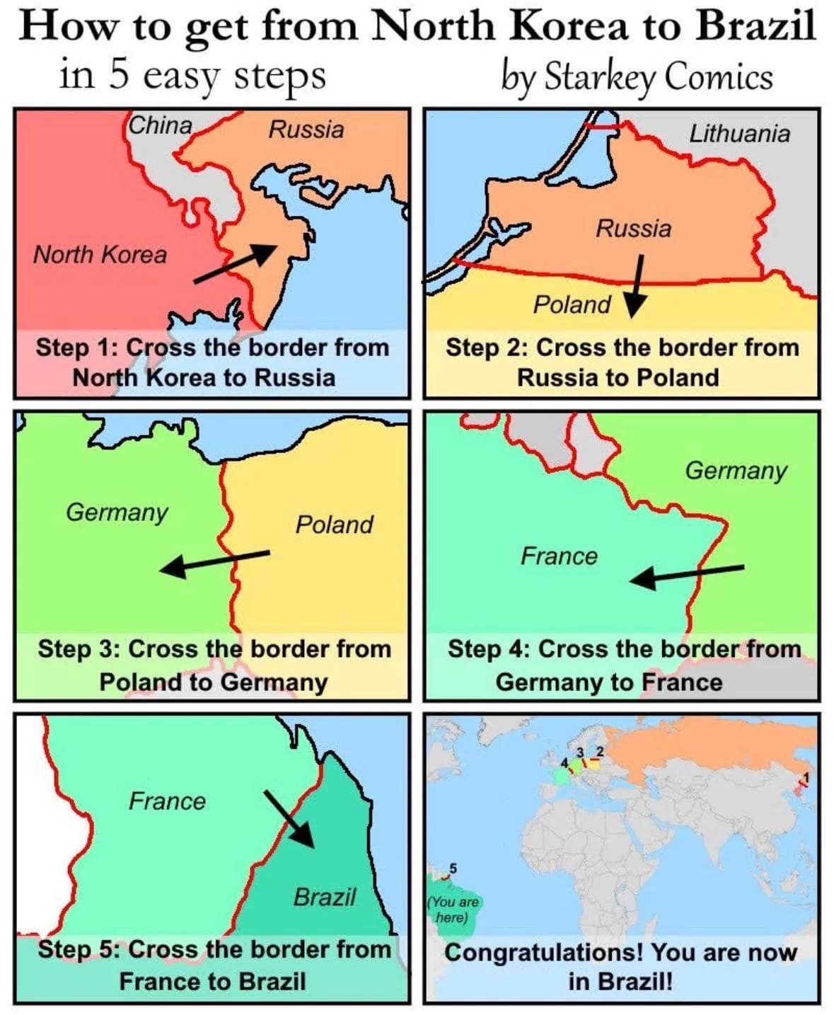 How to get from North Korea to Brazil 1n 5 easy steps by Starkey Comics China Russia Lithuania Russia North Korea Step 1: Cross the border from North Korea to Russia Poland Step 2: Cross the border from Russia to Poland Germany Germany Poland France Step 3: Cross the border from Poland to Germany Step 4: Cross the border from Germany to France France Brazil Step 5: Cross the border from France to Brazil You are here Congratulations! You are now in Brazil!