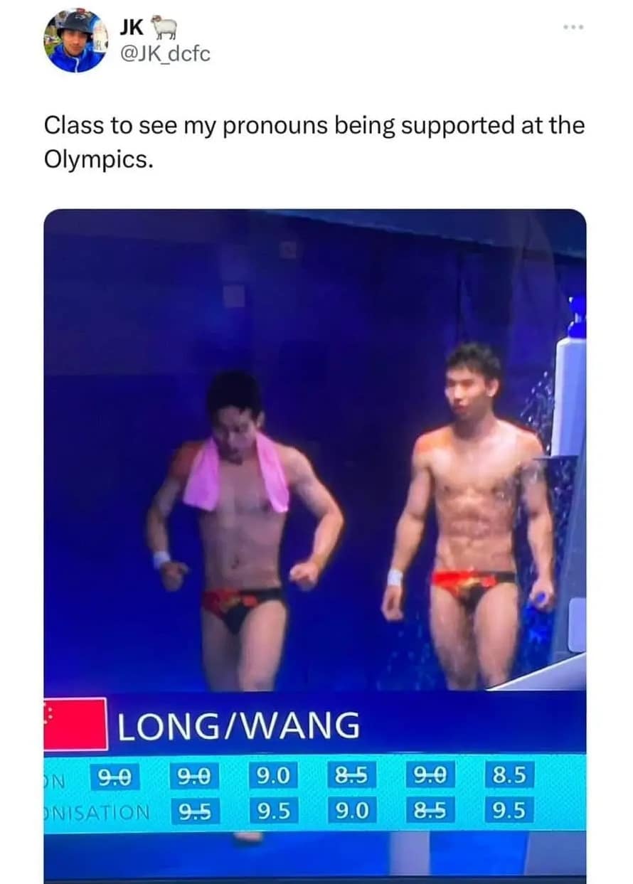 JK @JK dcfc Class to see my pronouns being supported at the Olympics. N 9.0 ONISATION LONG/WANG 9.0 9.5 9.0 9.5 8.5 9.0 9.0 8.5 8.5 9.5