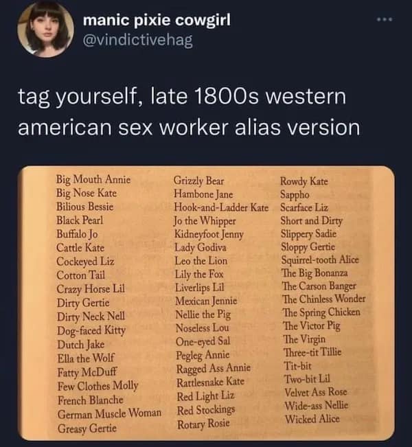 manic pixie cowgirl @vindictivehag tag yourself, late 1800s western american sex worker alias version Big Mouth Annie Big Nose Kate Bilious Bessie Black Pearl Buffalo Jo Cattle Kate Cockeyed Liz. Cotton Tail Crazy Horse Lil Dirty Gertie Dirty Neck Nell Dog-faced Kitty Dutch Jake Ella the Wolf Fatty McDuff Few Clothes Molly French Blanche German Muscle Woman Greasy Gertie Grizzly Bear Rowdy Kate Hambone Jane Sappho Hook-and-Ladder Kate Scarface Liz Jo the Whipper Short and Dirty Kidneyfoot Jenny Slippery Sadie Lady Godiva Sloppy Gertie Leo the Lion Squirrel-tooth Alice Lily the Fox The Big Bonanza Liverlips Lil The Carson Banger Mexican Jennie The Chinless Wonder Nellie the Pig The Spring Chicken Noseless Lou One-eyed Sal The Victor Pig The Virgin Pegleg Annie Three-tit Tillie Ragged Ass Annie Tit-bit Rattlesnake Kate Two-bit Lil Red Light Liz Velvet Ass Rose Red Stockings Wide-ass Nellie Rotary Rosie Wicked Alice