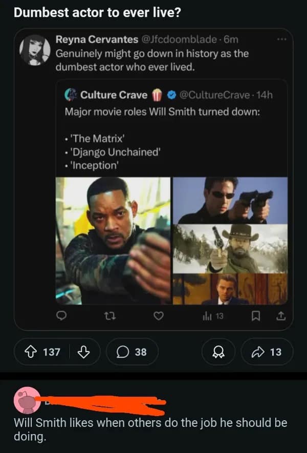 Dumbest actor to ever live? Reyna Cervantes @Jfcdoomblade - 6m Genuinely might go down in history as the dumbest actor who ever lived. Culture Crave @CultureCrave • 14h Major movie roles Will Smith turned down: • 'The Matrix' • 'Django Unchained" • 'Inception' ilt 13 137 38 → 13 Will Smith likes when others do the job he should be doing.