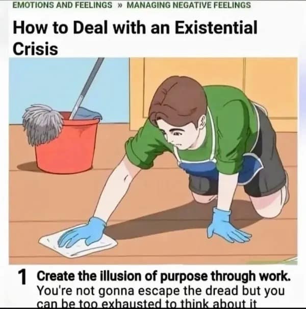 EMOTIONS AND FEELINGS » MANAGING NEGATIVE FEELINGS How to Deal with an Existential Crisis 1 Create the illusion of purpose through work. You're not gonna escape the dread but you can be too exhausted to think about it