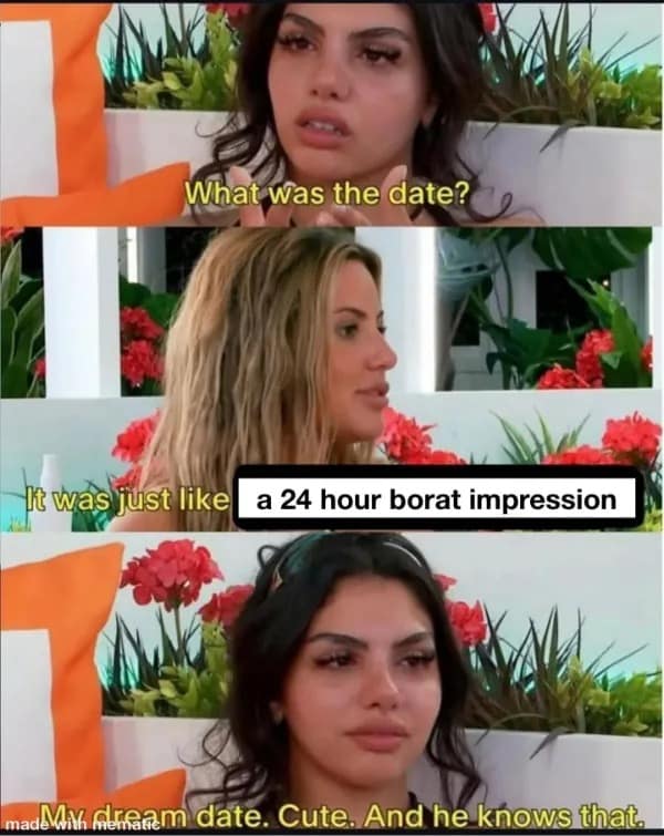 What was the date? It was just like a 24 hour borat impression mad Min anam date. Cute. And he knows that.