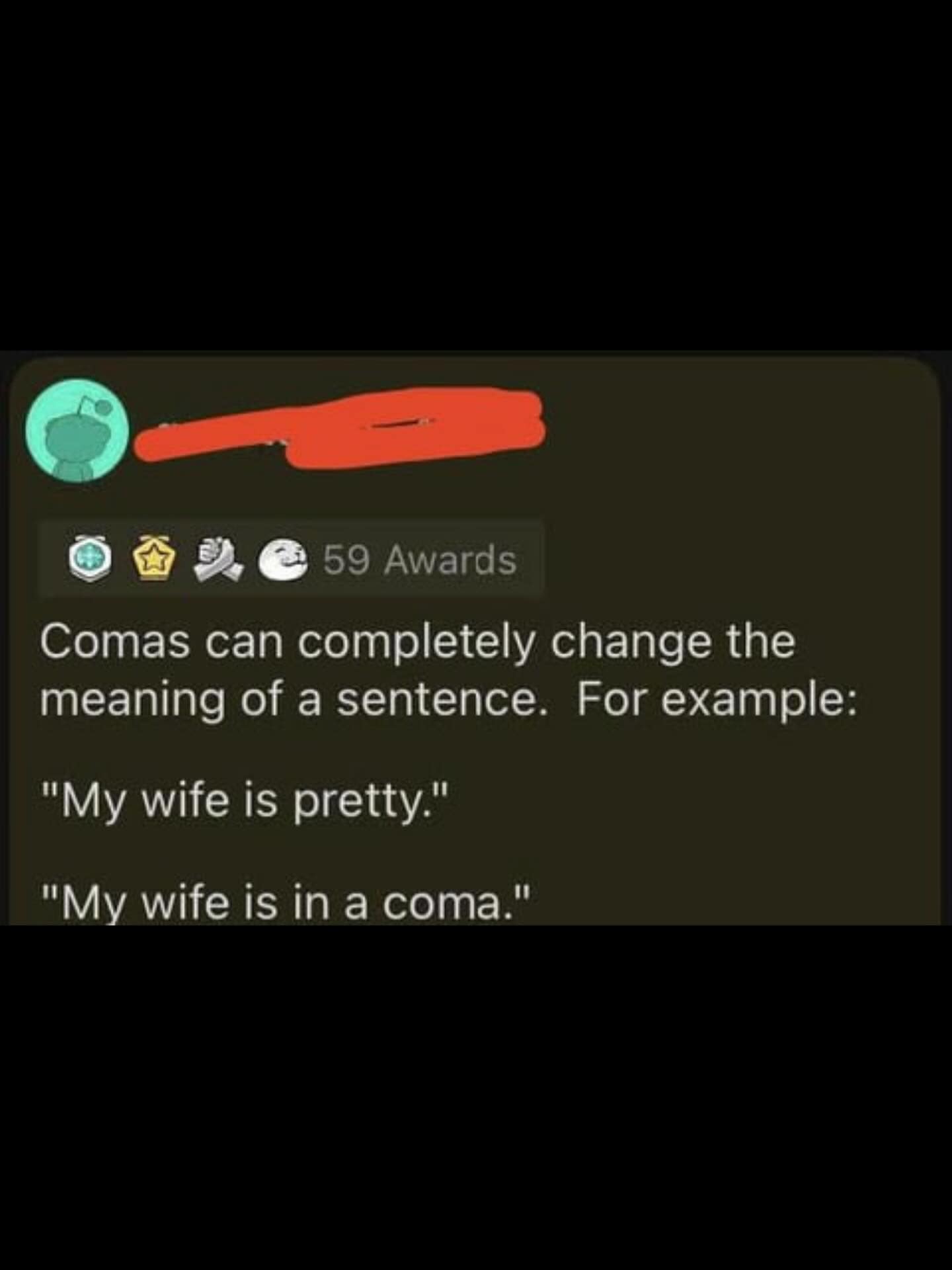 香59 Awards Comas can completely change the meaning of a sentence. For example: "My wife is pretty." "My wife is in a coma."
