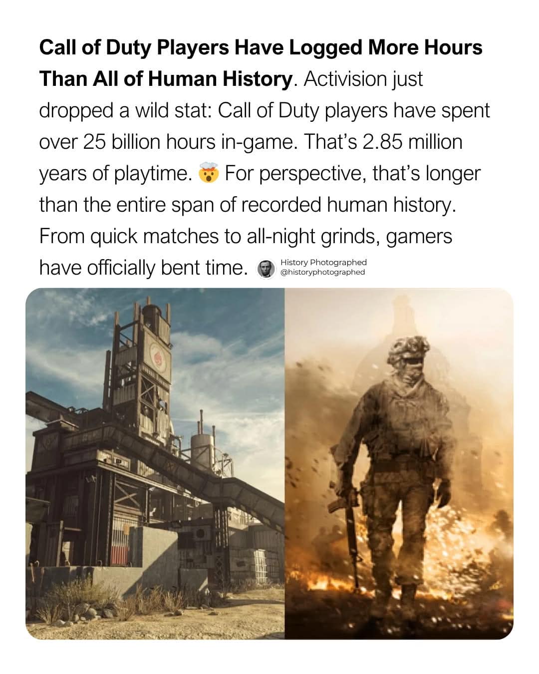 Call of Duty Players Have Logged More Hours Than All of Human History. Activision just dropped a wild stat: Call of Duty players have spent over 25 billion hours in-game. That's 2.85 million years of playtime. & For perspective, that's longer than the entire span of recorded human history. From quick matches to all-night grinds, gamers have officially bent time. History Photographed @historyphotographed