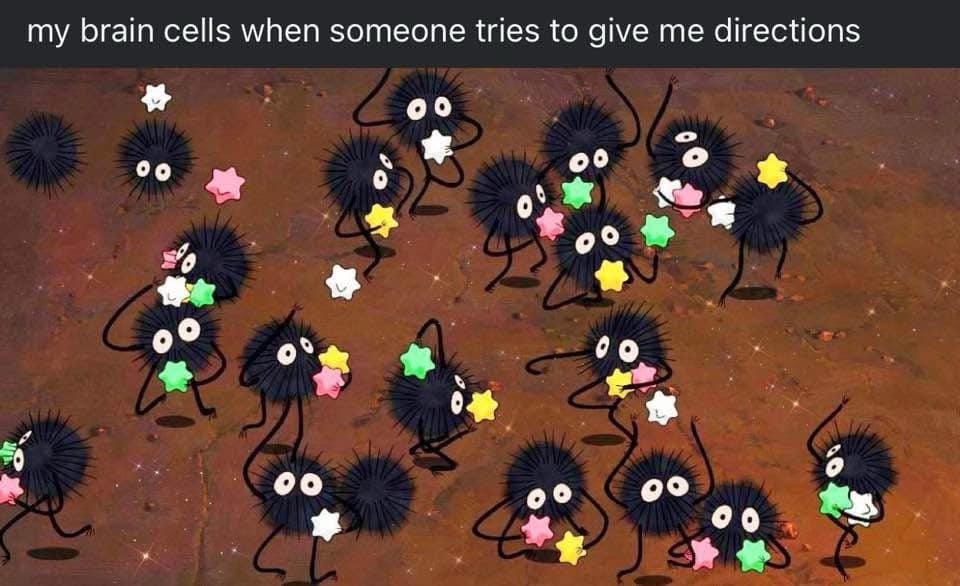 my brain cells when someone tries to give me directions 00 00 0 o 0 0 00 0 0