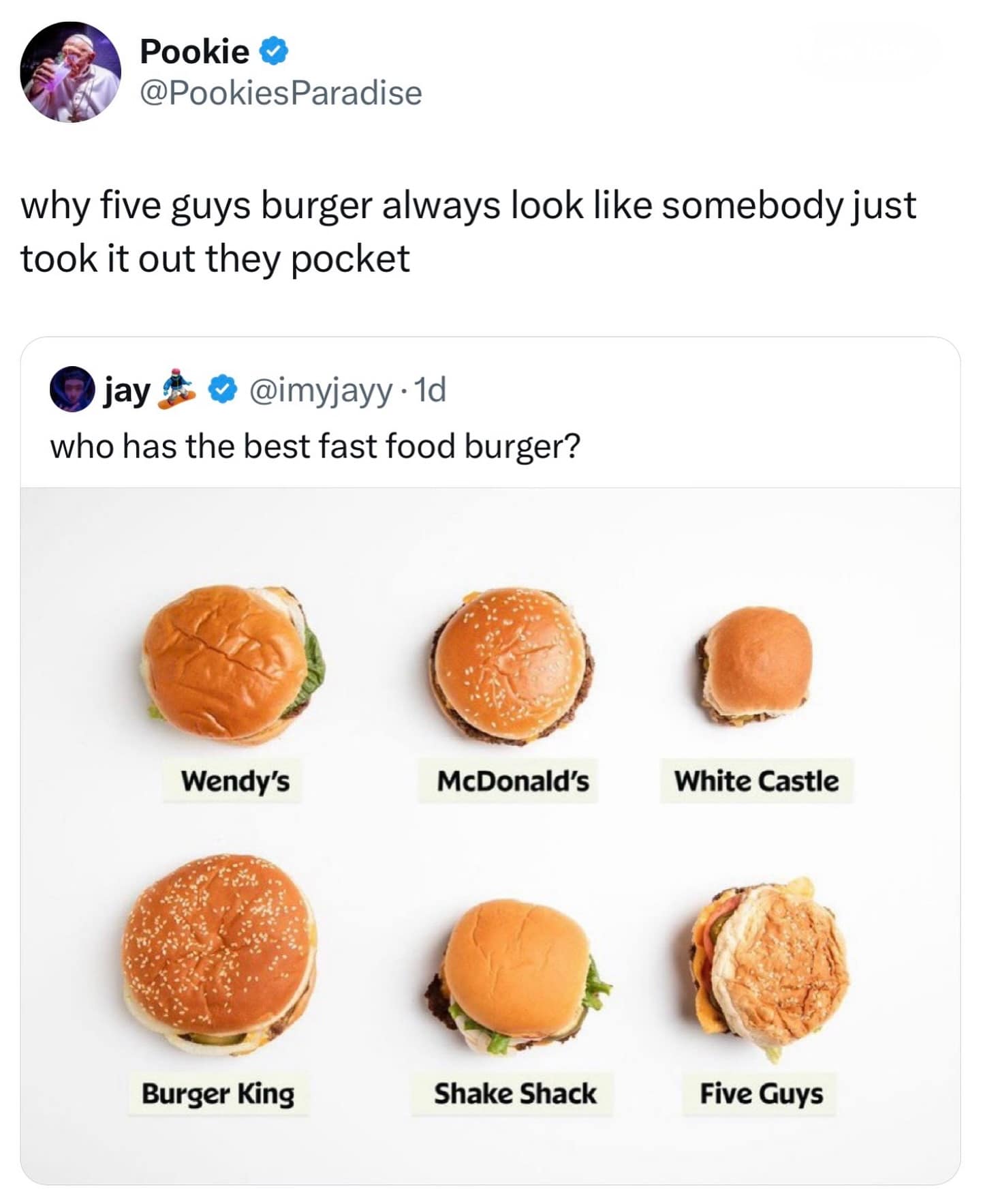 Pookie g @PookiesParadise why five guys burger always look like somebody just took it out they pocket @jay & @ @imyjayy- 1d who has the best fast food burger? Wendy's McDonald's White Castle Burger King Shake Shack Five Guys