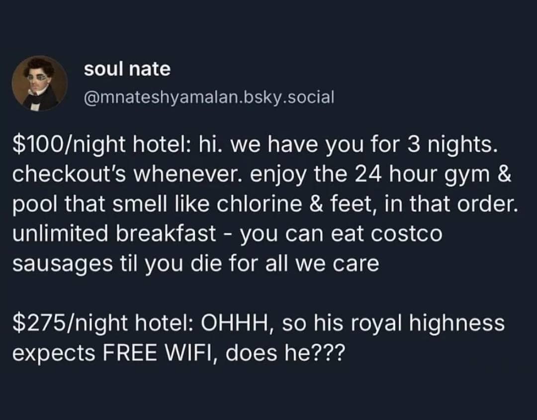 soul nate @mnateshyamalan.bsky.social $100/night hotel: hi. we have you for 3 nights. checkout's whenever. enjoy the 24 hour gym & pool that smell like chlorine & feet, in that order. unlimited breakfast - you can eat costco sausages til you die for all we care $275/night hotel: OHHH, so his royal highness expects FREE WIFI, does he???