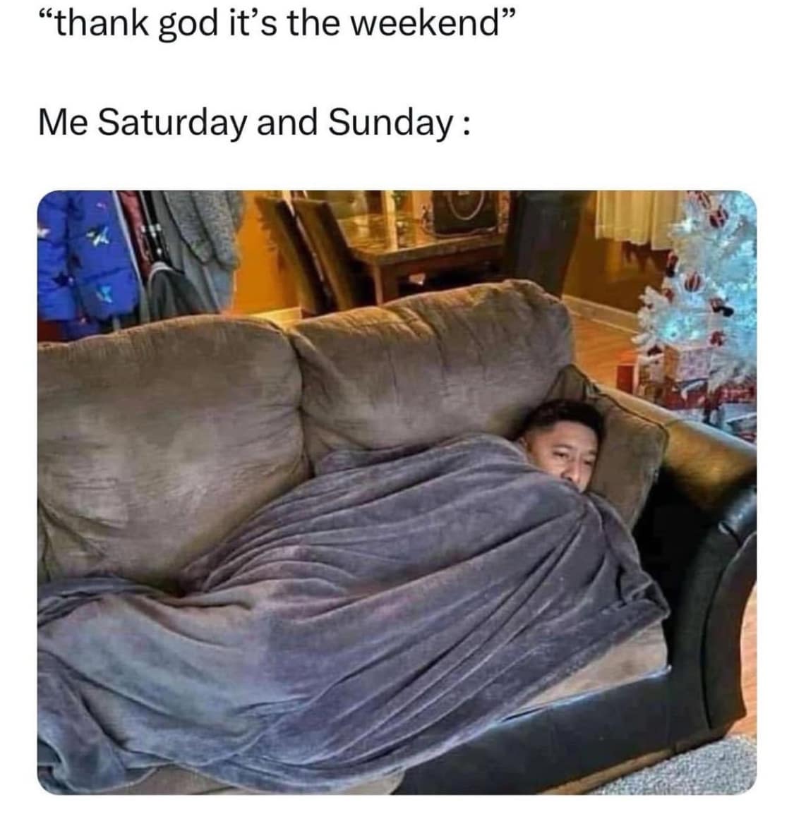 "thank god it's the weekend" Me Saturday and Sunday: