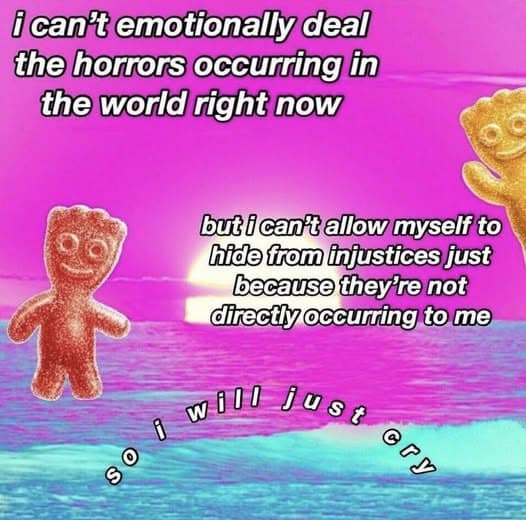 i can't emotionally deal the horrors occurring in the world right now but i can't allow myself to hide tom injustices just because they're not directly occurring to me i will just cry