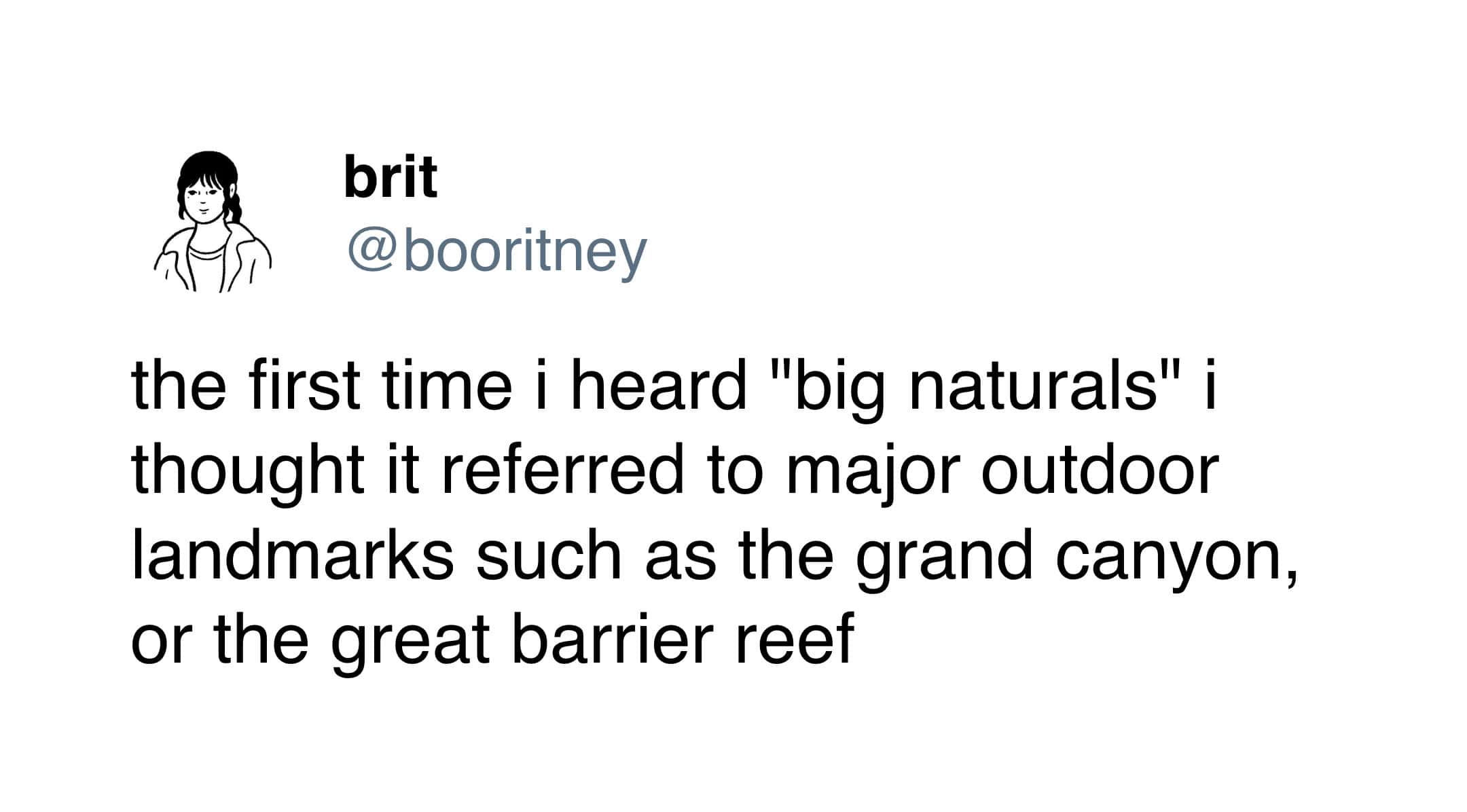 brit @booritney the first time i heard "big naturals" i thought it referred to major outdoor landmarks such as the grand canyon, or the great barrier reef