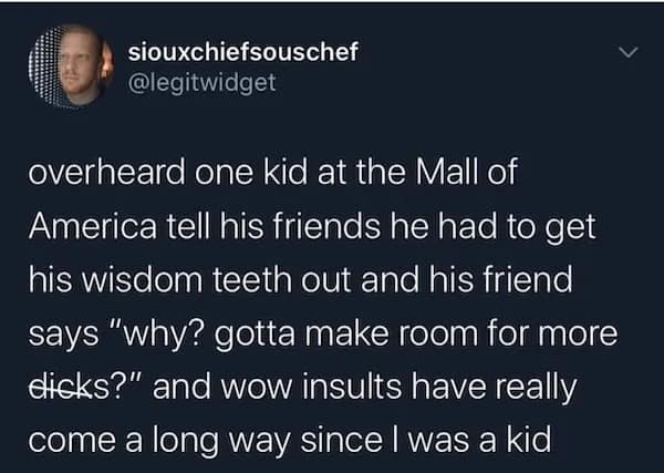 siouxchiefsouschef @legitwidget overheard one kid at the Mall of America tell his friends he had to get his wisdom teeth out and his friend says "why? gotta make room for more dicks?" and wow insults have really come a long way since I was a kid