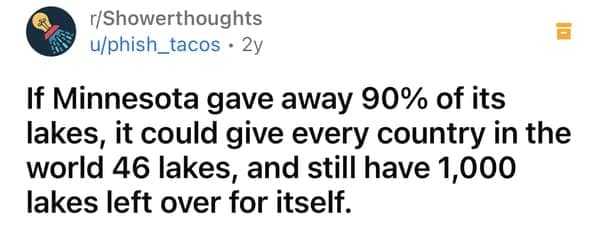 Reddit post about Minnesota having enough lakes to give every country dozens