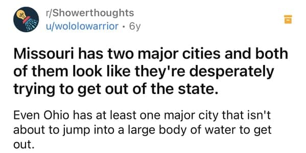 Shower thought about Missouri’s cities trying to escape the state
