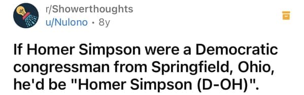 Reddit post joking about Homer Simpson being a congressman from Ohio