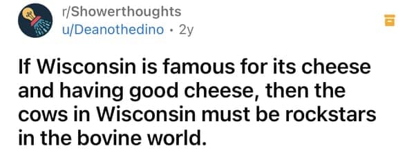 Reddit post joking about Wisconsin cows being bovine celebrities