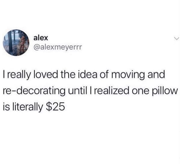 Tweet about the reality of redecorating and realizing pillows are expensive, a relatable moment in millennial memes.