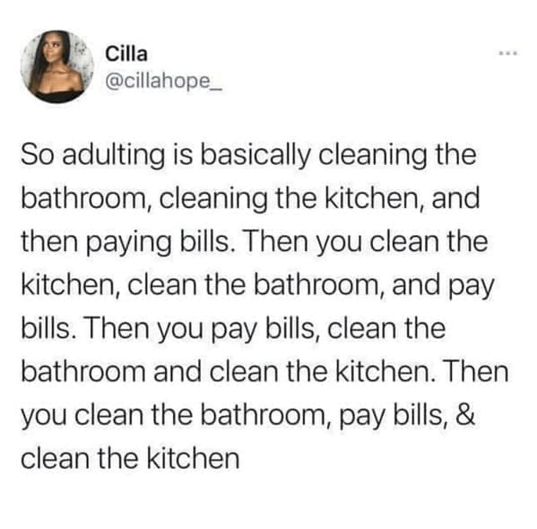 Tweet listing adulting tasks like cleaning and paying bills on repeat, perfectly capturing millennial memes humor.