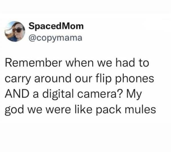 Tweet about remembering having to carry both a flip phone and a digital camera, a nostalgic moment from millennial memes.