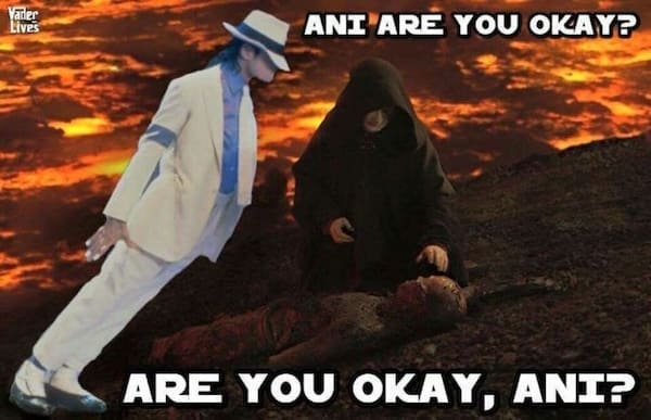 Michael Jackson photoshopped into a Revenge of the Sith scene with Emperor Palpatine and Anakin, with “Ani are you okay?” text.