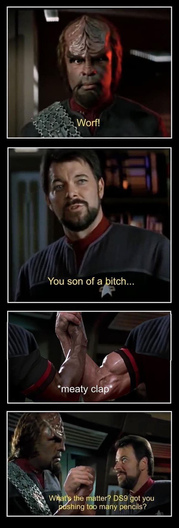 Star Trek characters Worf and Riker reenact an arm wrestling handshake meme, joking about DS9 and pencils.