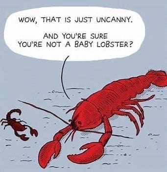 Large lobster confused by tiny scorpion in comic strip with funny dialogue