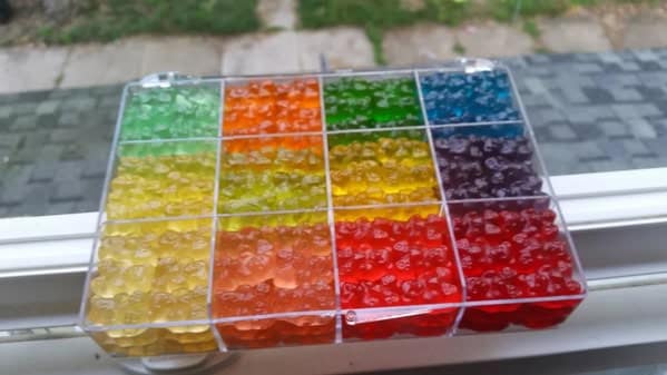 Rainbow-colored gel beads organized by hue in a tray