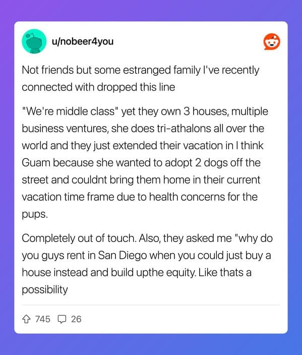 Redditor exposes wealthy relatives claiming to be middle class