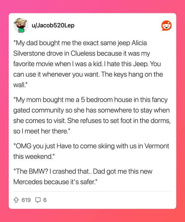 Rich college student complains about luxury gifts and lifestyle