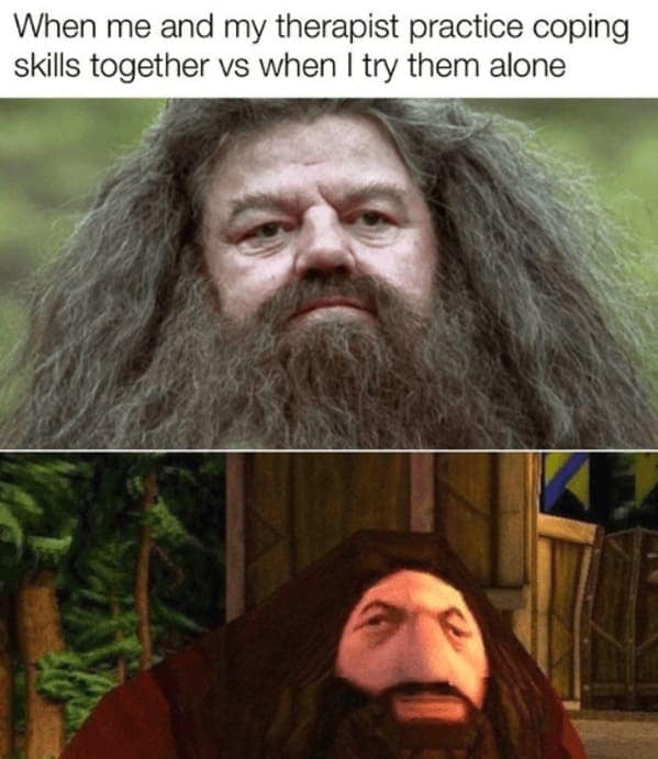 Meme comparing coping skills with therapist vs. trying alone, showing realistic and distorted Hagrid