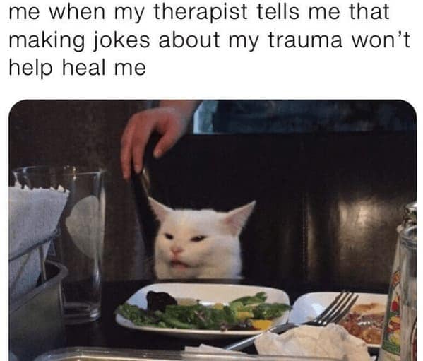 Meme of angry white cat at dinner table captioned about using humor to cope with trauma