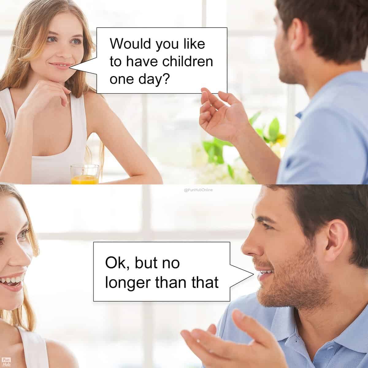 Couple discusses future kids, guy responds with a time limit joke