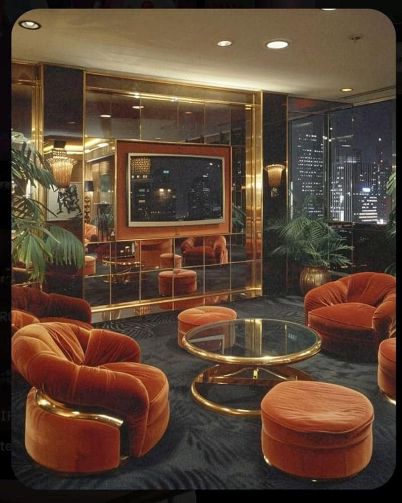 Retro luxury living room with orange velvet chairs, gold accents, and city skyline view