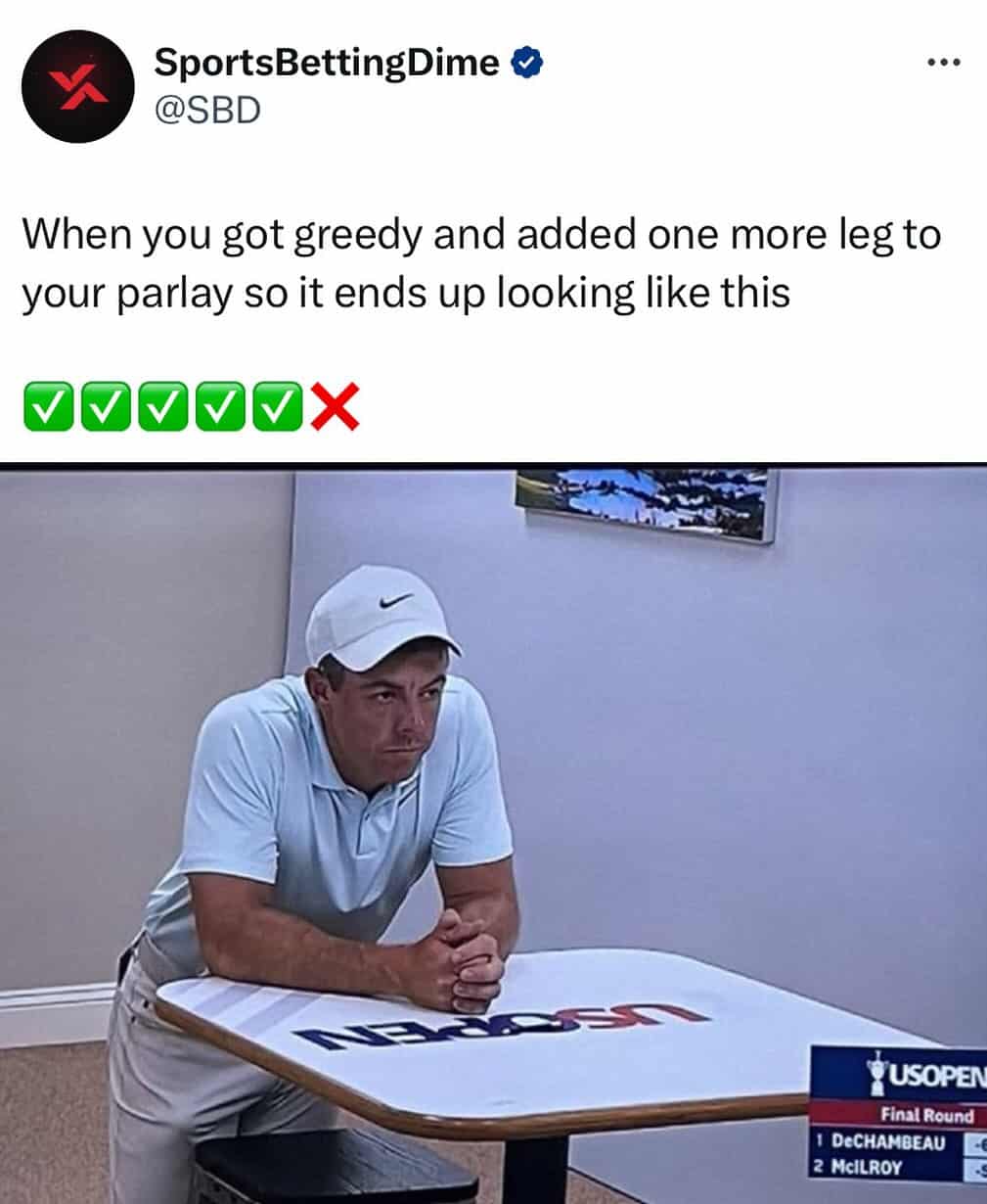 Greedy parlay bet meme with golfer.
