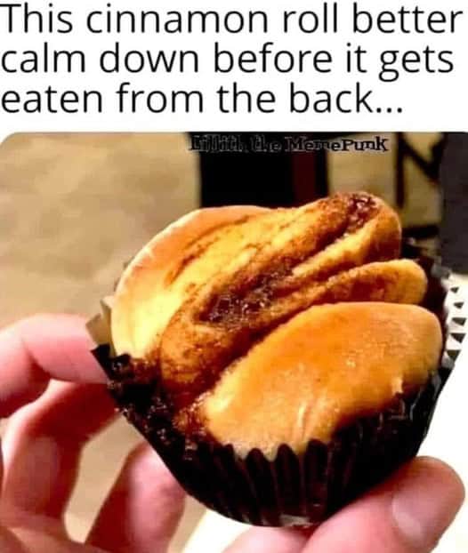 Close-up of a cinnamon roll with a funny caption.